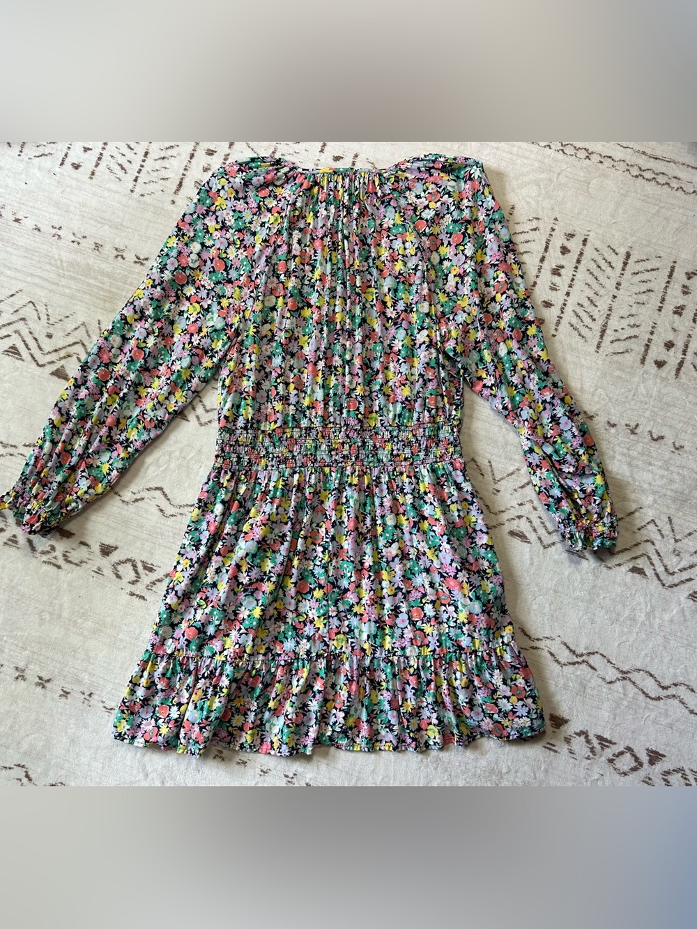 GAP Floral Smocked Waist Mini Dress Long Sleeve Cottagecore Size L Boho - Picture 3 of 7